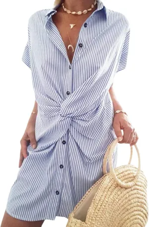 xxxiticat Women's Striped Shirt Dress Short Sleeve Turn Down Collar Button Down Knot Tied Twisted Front Beach Mini Dresses