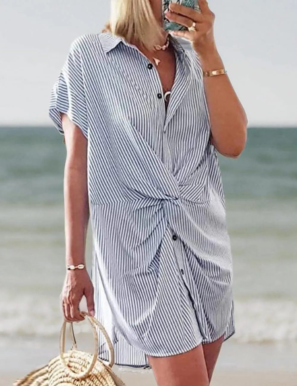 xxxiticat Women's Striped Shirt Dress Short Sleeve Turn Down Collar Button Down Knot Tied Twisted Front Beach Mini Dresses