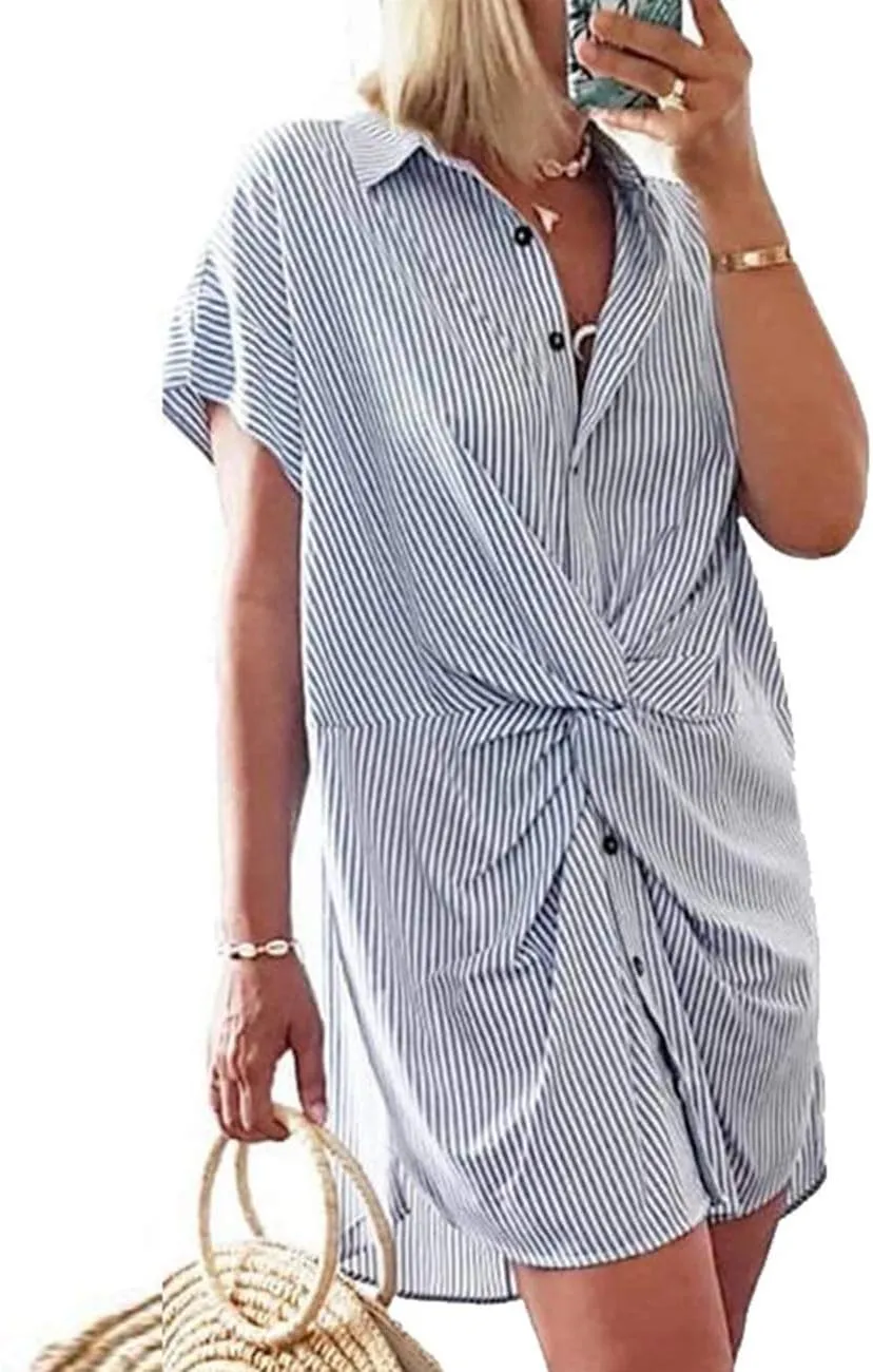 xxxiticat Women's Striped Shirt Dress Short Sleeve Turn Down Collar Button Down Knot Tied Twisted Front Beach Mini Dresses